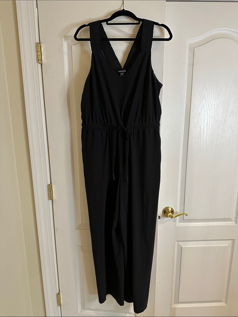 Athleta Black Sleeveless V-Neck Maxi Jumpsuit with Drawstring Waist